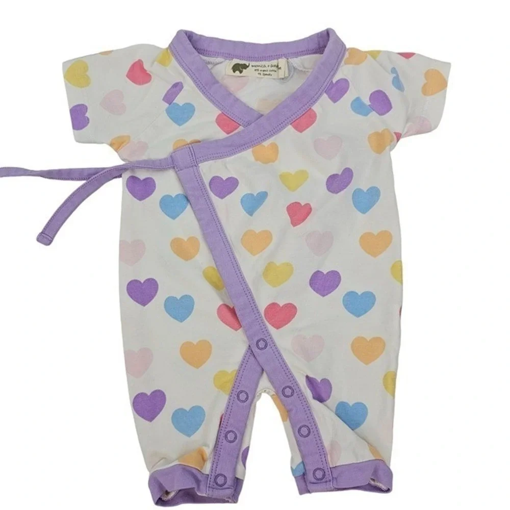 Baby 0-3M Monica + Andy Kimono Romper Set Purple Hearts Unicorn Organic Cotton‎